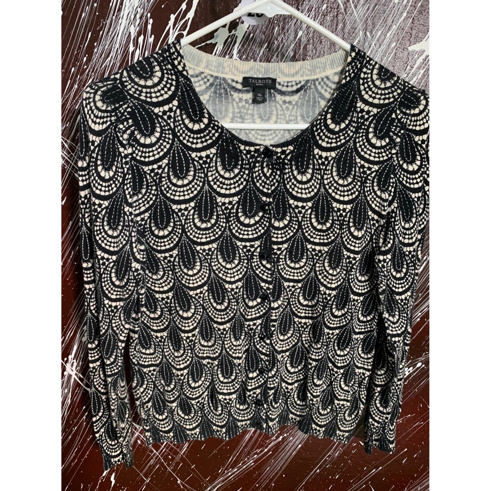 Talbots Petites Black Cream Scallop Teardrop Knit Cardigan Sweater MP